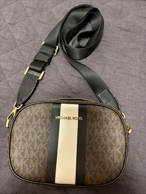 Michael Kors Brown, Black & Cream Signature Stripe Crossbody Bag